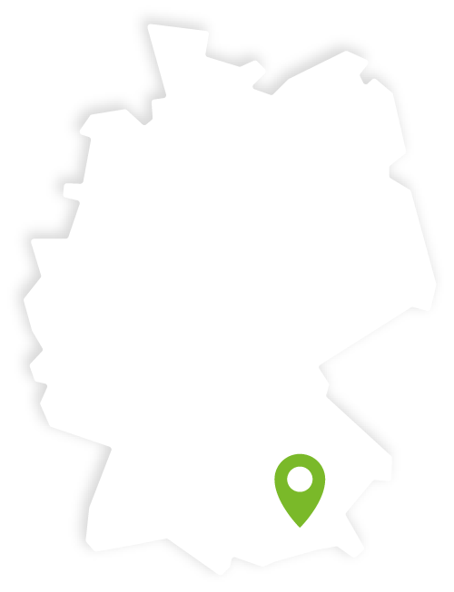 Darstellung einer weißen Deutschlandkarte mit einem dunkelgrauen Pin der den Pielmeier Medizintechnik Standort kennzeichnet.