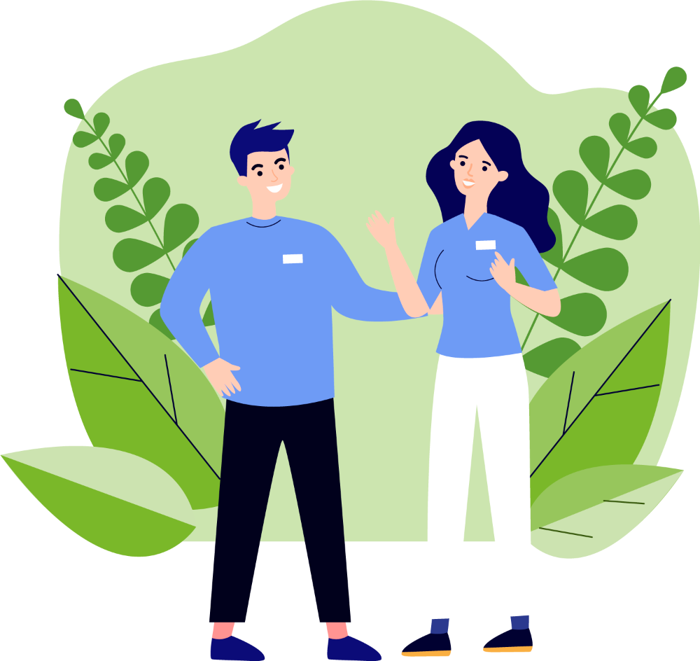 Illustration: Ein lächelnder Mann und eine lächelnde Frau in berufsähnlicher Kleidung, umgeben von grünen Pflanzen, symbolisieren berufliches Wachstum und Teamarbeit.