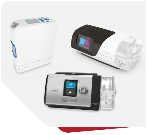 Auswahl an medizinischen Geräten wie Schlafapnoe-Therapiegeräten (CPAP) und Monitoren, die das innovative Produktportfolio von PMT Medizintechnik illustrieren.