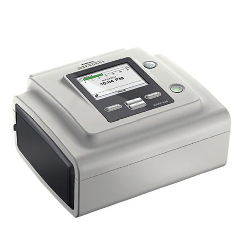 Das kompakte Beatmungsgerät Philips BiPAP A30 (Hersteller Philips), vertrieben von PMT Medizintechnik GmbH, zeigt sein weißes Gehäuse mit Display und Anschlüssen, geeignet für die komfortable Therapie bei chronischer Ateminsuffizienz.