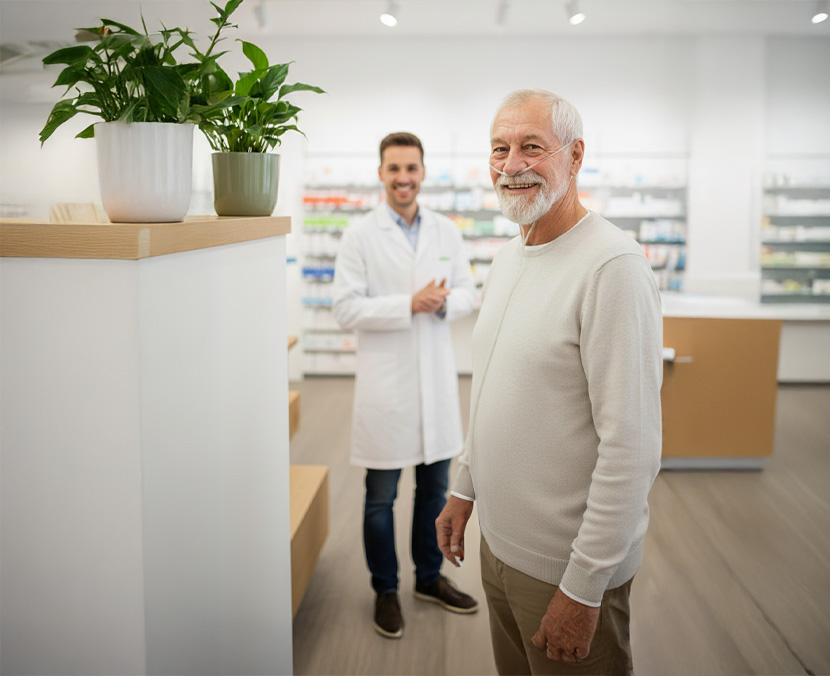 Ein lächelnder älterer Herr mit Nasenbrille und diskret getragenem mobilen Sauerstoffgerät steht in einer modernen Apotheke. Im Hintergrund lächelt ein Apotheker freundlich, was den einfachen und zugänglichen Service der VIVISOL Sauerstofftankstelle symbolisiert.