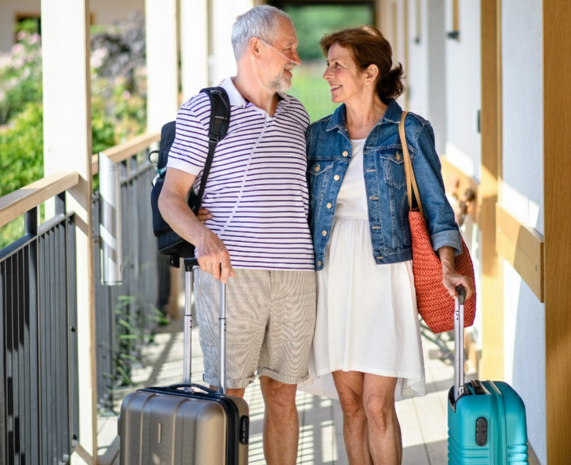Ein lächelndes älteres Paar mit Koffern auf einem Hotelbalkon, der Herr trägt eine Nasenbrille und einen Rucksack für die Sauerstofftherapie, was die Möglichkeit von Reisen trotz chronischer Erkrankung durch VIVISOL zeigt.