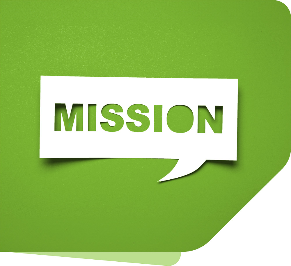 Eine weiße Sprechblase mit dem ausgeschnittenen Wort MISSION in Großbuchstaben, platziert auf einem leuchtend grünen Hintergrund. Das Bild symbolisiert die klare Kommunikation der Unternehmensziele von VIVISOL.