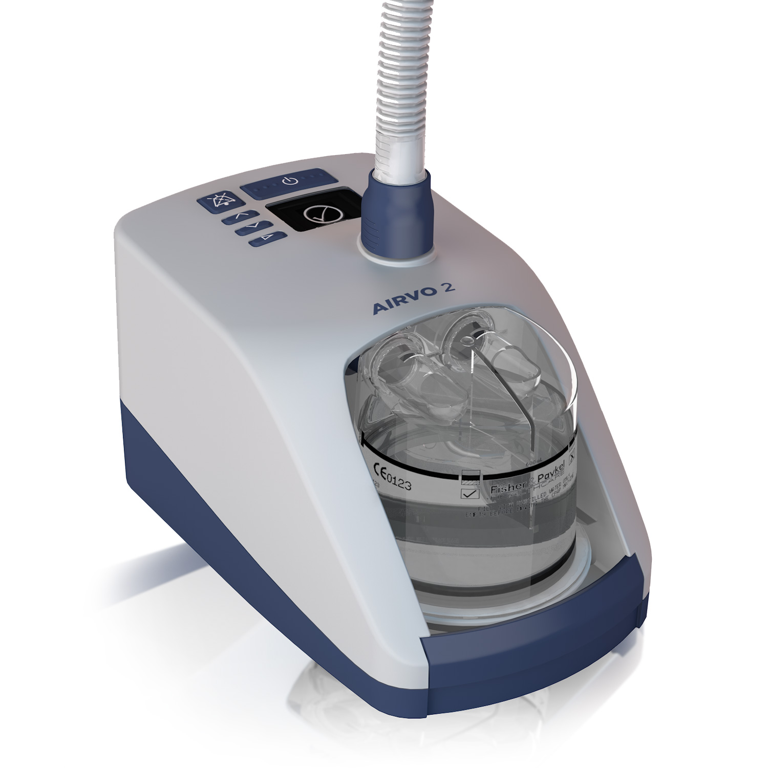 Das myAIRVO™ 2 Gerät, ein kompaktes medizinisches Therapiegerät für die nasale High-Flow-Therapie. Es ist mit einem Wassertank zur Befeuchtung ausgestattet und symbolisiert die moderne, komfortable Lösung der VIVISOL Heimbehandlungsgeräte GmbH.