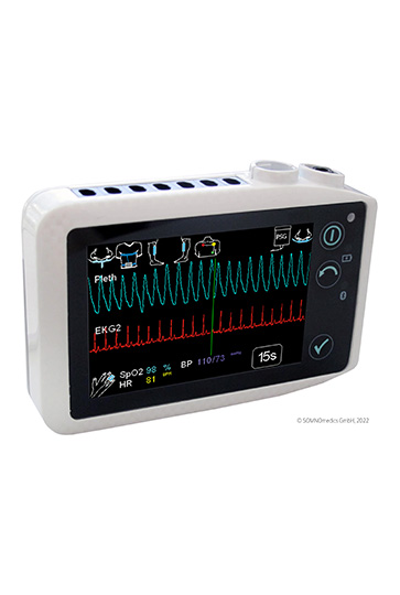 Das moderne, kompakte SOMNO HD Schlafdiagnosesystem. Das Display zeigt eine komplexe Aufzeichnung verschiedener Kanäle (Pleth, EKG2) sowie Vitalparameter wie Sauerstoffsättigung (SpO₂), Herzfrequenz (HR) und Blutdruck (BP) an. Das Gerät ist für die hochflexible und kabellose Polygrafie und PSG konzipiert.